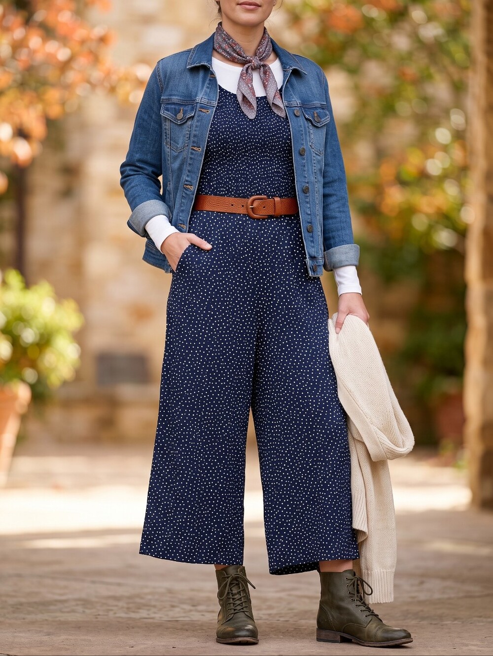Andrew Marc Coastal Grandmother Boho Smocked Crop Wide Leg Polka Dot Jumpsuit